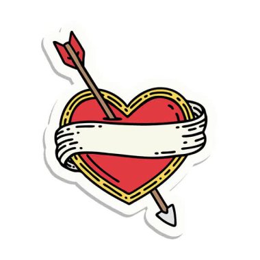 Okun kalbi ve sancağının geleneksel stiliyle dövmenin basit bir döngü canlandırma çıkartması