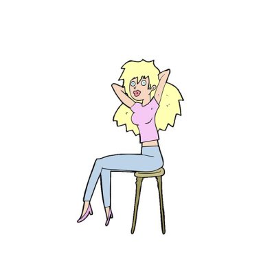 Taburede poz veren basit bir çizgi film kadını.