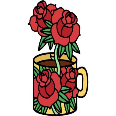 Geleneksel bir fincan ve çiçek stilinde basit bir döngü dövmesi.