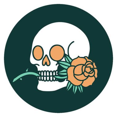 Bir kafatası ve gülün basit bir ikonik dövme görüntüsü.