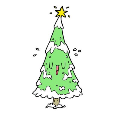 Basit bir çizgi film çizgi filmi. Mutlu yüzlü, karlı bir Noel ağacı.