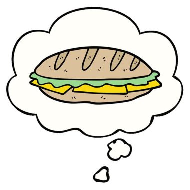 Düşünce baloncuklu basit bir çizgi film peynirli sandviç.