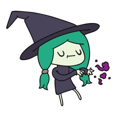 Şirin bir kawaii cadısının serbest çizilmiş basit bir çizgi filmi.