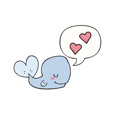 Konuşma balonuna aşık basit bir çizgi film balinası.