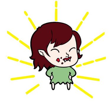 Yanağında kan olan basit bir çizgi film kahramanı vampir kız.