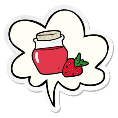 Konuşma balonu çıkartmalı basit bir çizgi film kavanozu çilek reçeli.