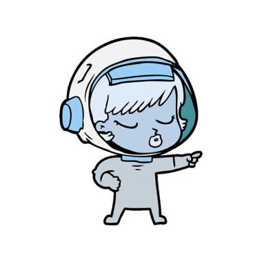 Basit bir çizgi film karakteri güzel astronot kızı işaret ediyor.