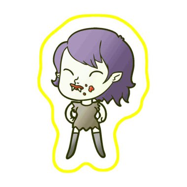 Yanağında kan olan basit bir çizgi film kahramanı vampir kız.