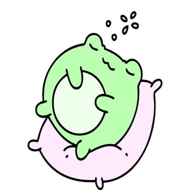 Yastığın üzerinde uyuyan sevimli bir kurbağanın basit bir çizgi filmi.