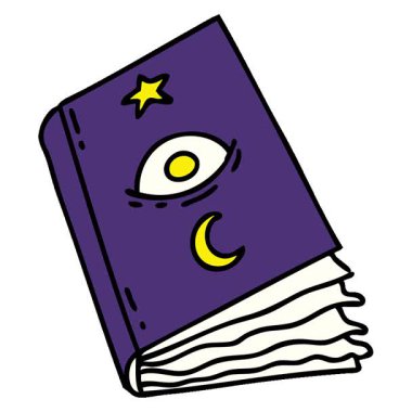 Göz küresi olan ürkütücü bir büyü kitabının basit bir döngülü çizgi filmi.