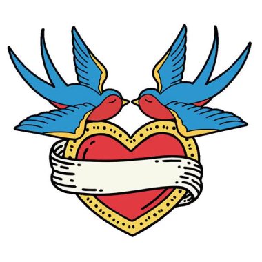 Geleneksel kırlangıç stilinde basit bir döngü dövmesi ve sancaklı bir kalp.