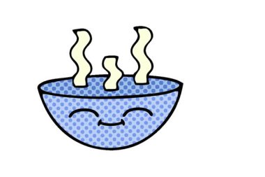 Bir kase sıcak çorbanın basit bir çizgi roman tarzı çizgi filmi.