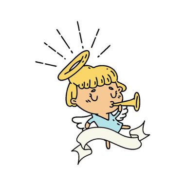 Dövme stili trompet üfleyen basit bir çizgi film afişi.