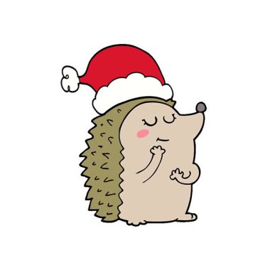 Noel şapkası takan basit bir çizgi film kirpisi.