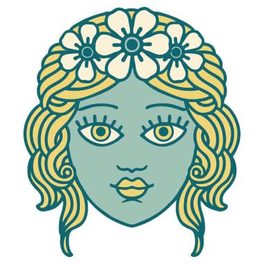 Basit bir döngü ikonik dövme stili. Çiçekten taç takan kadın yüzü.