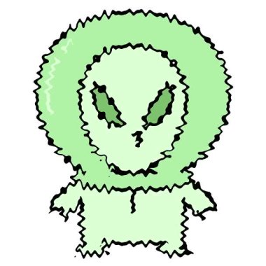 Düşünceli görünen küçük bir uzaylının basit bir çizgi filmi.