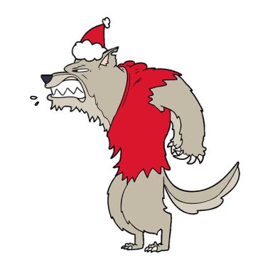 Basit bir döngülü kızgın kurt adam el çizimi Noel Baba şapkası takıyor.