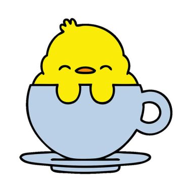 Çay fincanında oturan sevimli bir yavru kuşun basit bir çizgi filmi.
