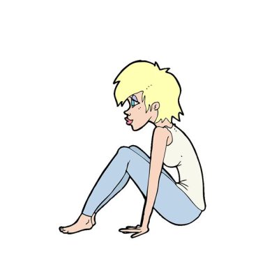 Oturan basit bir çizgi film kadını.