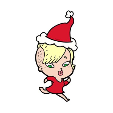 Noel Baba şapkası takan şaşırmış bir kızın basit bir el çizimi çizimi.