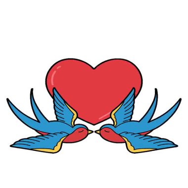 Geleneksel kırlangıçlar ve kalp şeklinde basit bir döngü dövmesi.