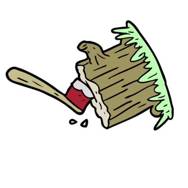 Ağaç kütüğüne sıkışmış basit bir çizgi film baltası.