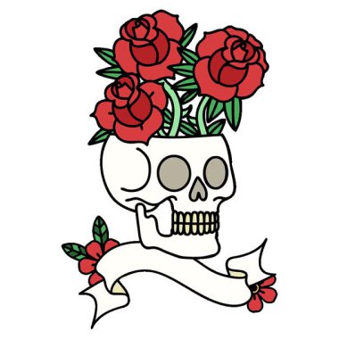 Basit bir döngü, geleneksel bir dövme, kafatası ve güllerle.