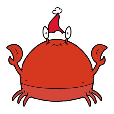 Noel Baba şapkası takan bir yengecin basit bir el çizimi çizimi