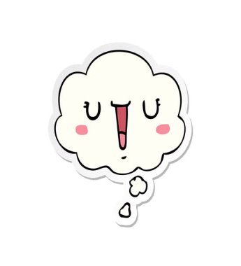 Yazılı çıkartma olarak düşünce baloncuğu olan basit bir döngülü mutlu çizgi film yüzü.