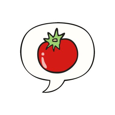 Konuşma baloncuklu basit bir çizgi film domatesi.