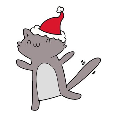Dans eden bir kedinin Noel Baba şapkası taktığı basit bir çizgi çizimi.
