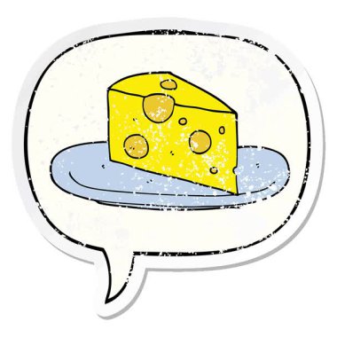 Konuşma baloncuklu basit bir çizgi film peyniri sıkıntılı eski bir çıkartma