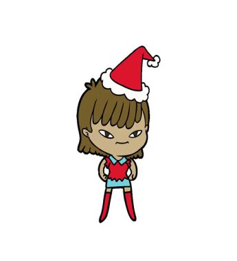 Noel Baba şapkası giyen bir kadının basit bir el çizimi çizimi.