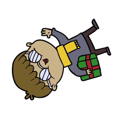 Hediye taşıyan gözlüklü basit bir çizgi film karakteri.