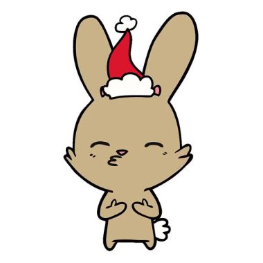 Basit bir döngülü, meraklı tavşan eli çizilmiş Noel Baba şapkası takan bir çizim.