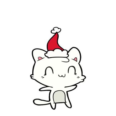 Noel Baba şapkası takan mutlu bir kedinin basit bir el çizimi çizimi.