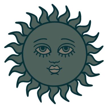 Yüzü olan güneşin basit bir ikonik dövme görüntüsü.