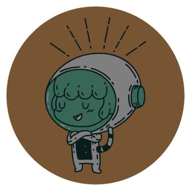 Astronot kıyafeti giymiş dövme stili bir kadının basit bir döngü simgesi.