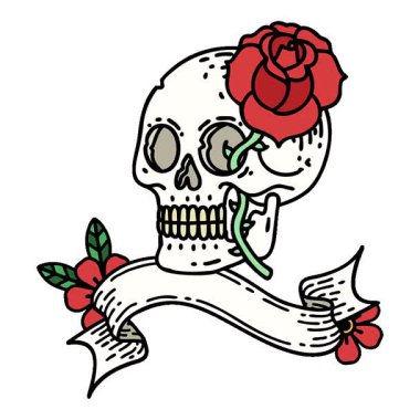 Basit bir döngü, geleneksel bir dövme, kafatası ve gül şeklinde.