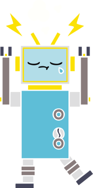 Bir insan tarafından çizilmiş ağlayan bir robotun düz renkli retro karikatürü