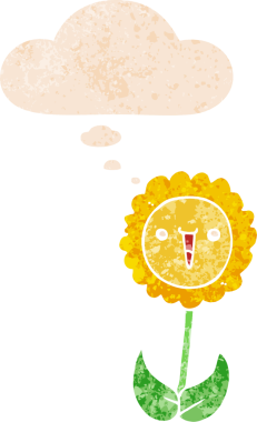 Düşünce baloncuğu ve grunge desenli karikatür çiçeği bir insan tarafından çizilmiş.