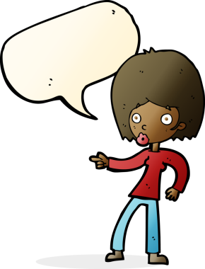 Bir insan tarafından çizilmiş bir konuşma balonuyla işaret eden çizgi film kadını.