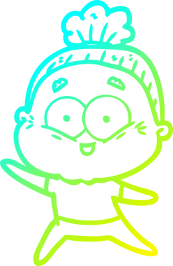 Bir insan tarafından çizilmiş, mutlu, yaşlı bir kadının çizimi.