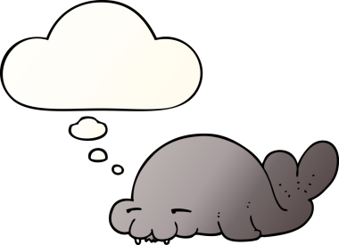 Düşünce baloncuğu olan karikatür mührü bir insan tarafından çizilmiş.