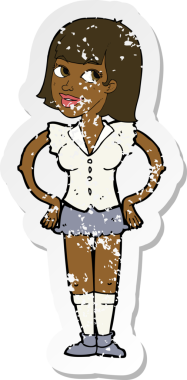 Bir insan tarafından çizilmiş kalçasında elleri olan bir karikatür kadının gerilmiş çıkartması.