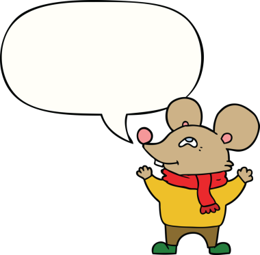 Bir insan tarafından çizilmiş konuşma balonlu eşarp takan çizgi film faresi.