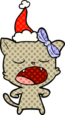 Bir insan tarafından çizilmiş Noel Baba şapkası giyen esneyen bir kedinin el çizimi çizgi roman çizimi.