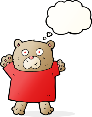 Bir insan tarafından çizilmiş düşünce baloncuklu şirin oyuncak ayı.