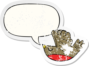 Konuşma baloncuğu olan çizgi film kuşu bir insan tarafından çizilmiş sıkıntılı eski bir çıkartma