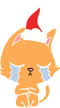 Ağlayan el çizimi düz renk çizimi. Bir insan tarafından çizilmiş Noel Baba şapkası takan bir kedi.